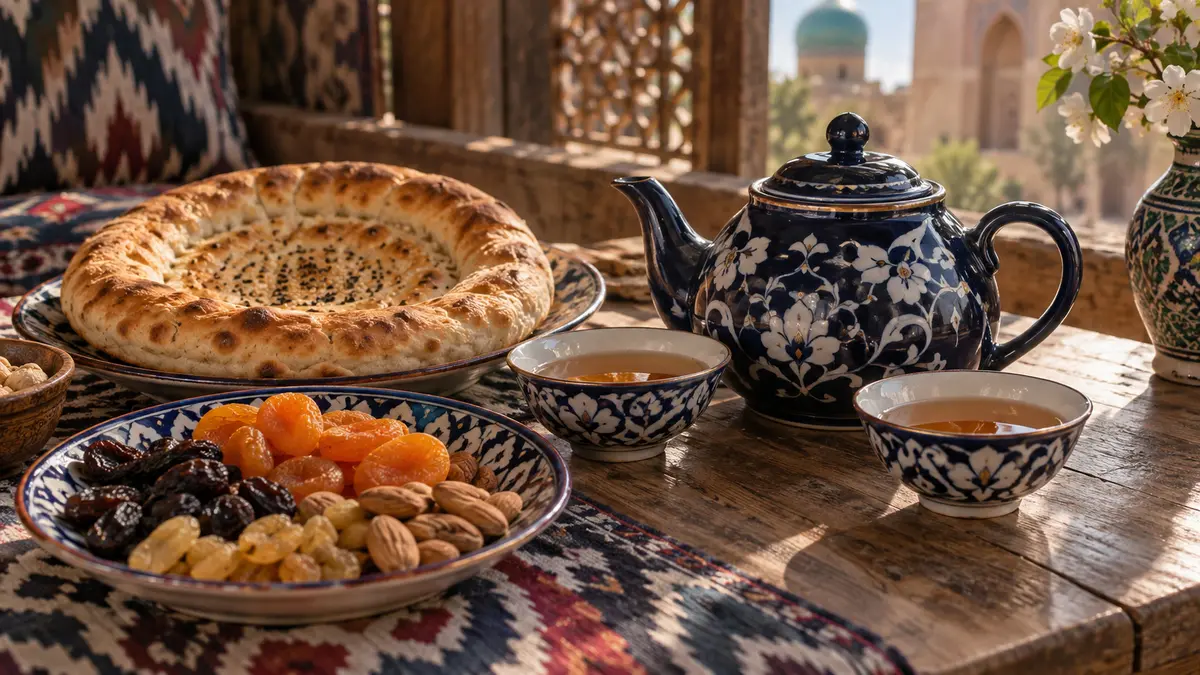 Tea and local bread in Bukhara